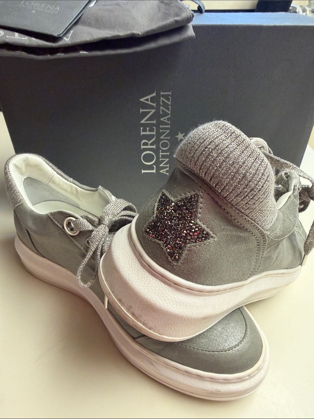 Lorena Antoniazzi Silver Grey Suede Star Sneakers Size 41/10